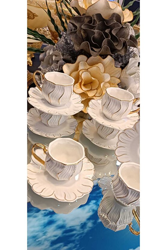 WHİTE PORSELEN GOLD KULPLU KAHVE FİNCAN TAKIMI