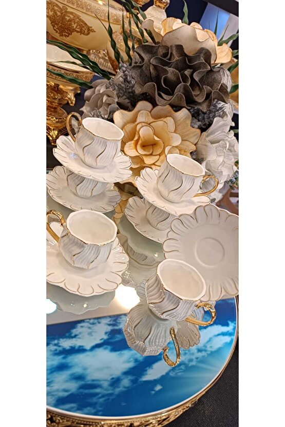 WHİTE PORSELEN GOLD KULPLU KAHVE FİNCAN TAKIMI