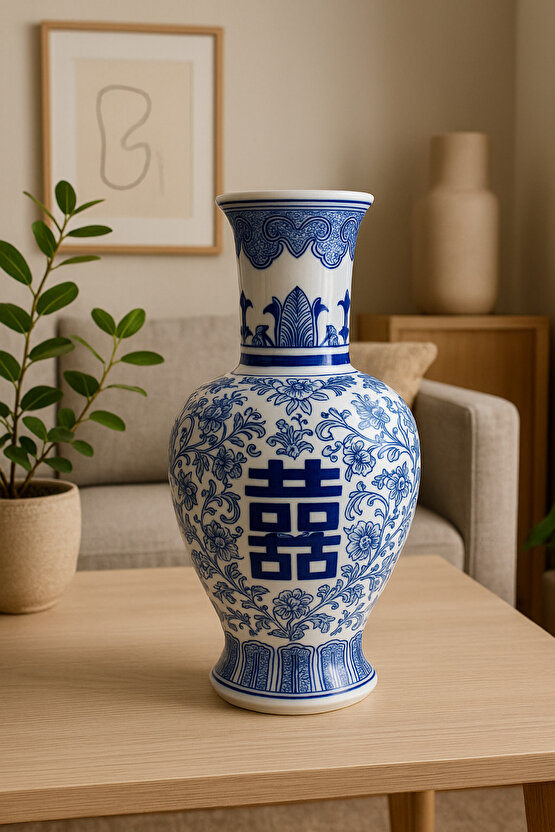 Çin Desenli Porselen Vazo – Mavi Beyaz Dekoratif Obje 30 cm