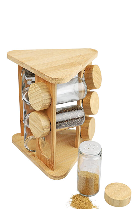 Bambulu Döner Standlı 9lu Cam Baharatlık Seti – Kapaklı Düzenleyici