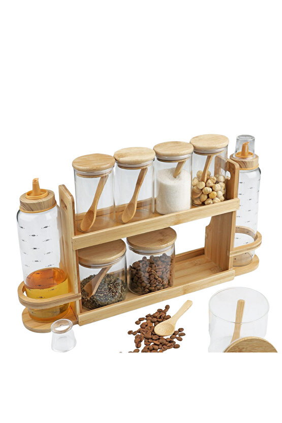 Bambulu Cam Baharatlık & Yağlık Seti – Kaşıklı Standlı 9 Parça Düzenleyici