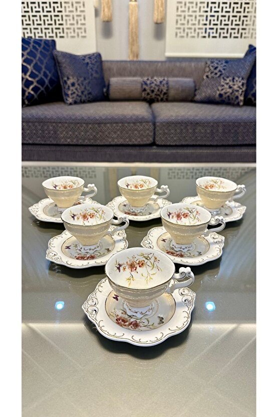 KOSOVA 6 Kişilik 12 Parça Porselen Ayaklı Güllü Kahve Takımı