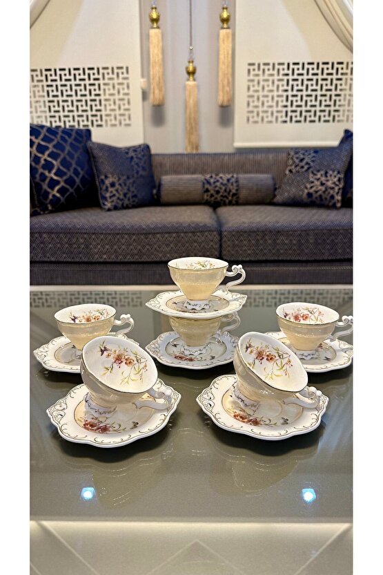 KOSOVA 6 Kişilik 12 Parça Porselen Ayaklı Güllü Kahve Takımı