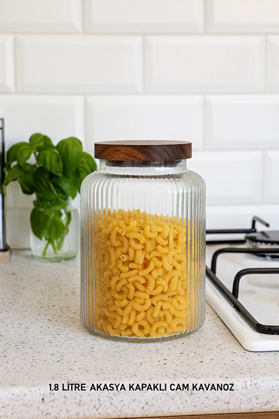 1.8 Litre Akasya Kapaklı Cam Kavanoz – Büyük Boy Saklama Kabı, Bakliyat, Kahve, Baharat Kavanozu