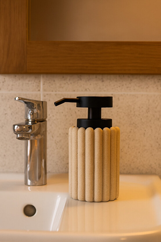 Modern Seramik Sıvı Sabunluk Kumtaşı Dokulu, Paslanmaz Siyah Pompalı, Şık Banyo ve Mutfak Aksesuarı