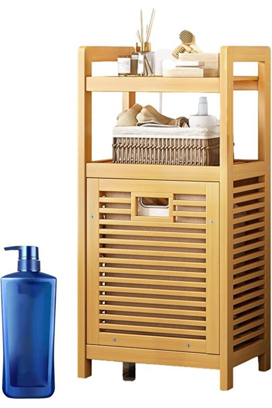 Bambu Dikey Çamaşır Sepeti Raflı Çamaşır Sepeti 40x30x95 Cm