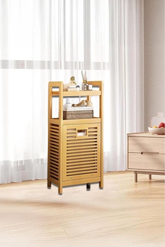 Bambu Dikey Çamaşır Sepeti Raflı Çamaşır Sepeti 40x30x95 Cm