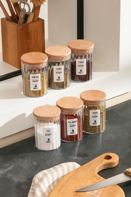 6’lı 450 ml Kristal Baharatlık Seti – Ahşap Kapaklı, Etiketli Saklama Kavanozu WoodCap