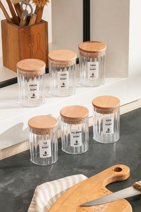 6’lı 450 ml Kristal Baharatlık Seti – Ahşap Kapaklı, Etiketli Saklama Kavanozu WoodCap