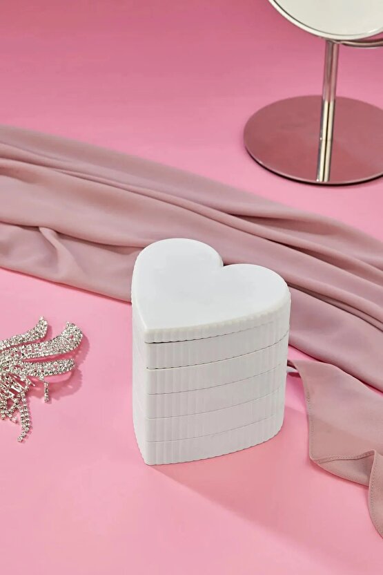 Çizgili Desenli Kalpli Mina 5 Katlı Aynalı Takı Organizeri Beyaz Renk - Aynalı Takı Organizeri