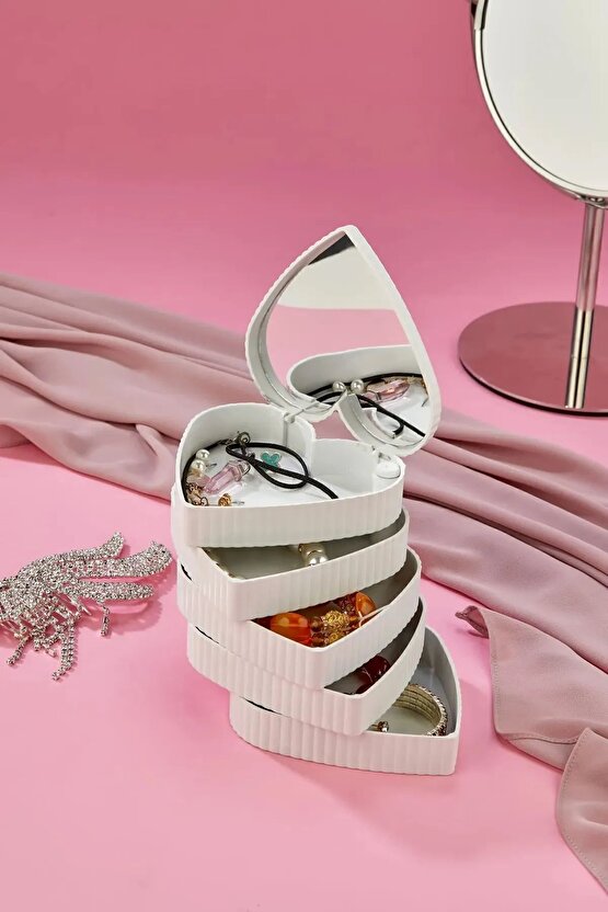 Çizgili Desenli Kalpli Mina 5 Katlı Aynalı Takı Organizeri Beyaz Renk - Aynalı Takı Organizeri