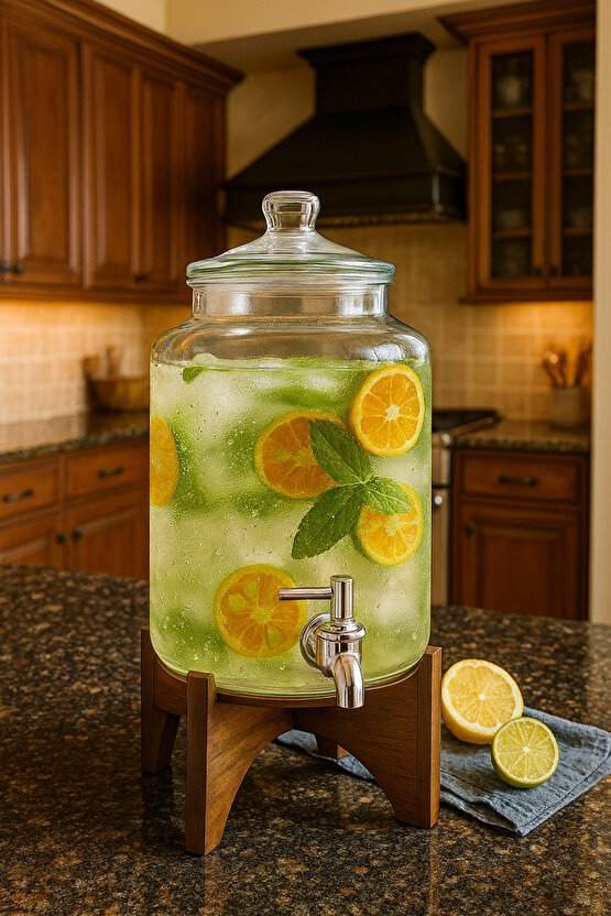 3 Litre Cam Sebil Musluklu İçecek Dispenseri Akasya Standlı Limonata & Soğuk İçecek Sürahi