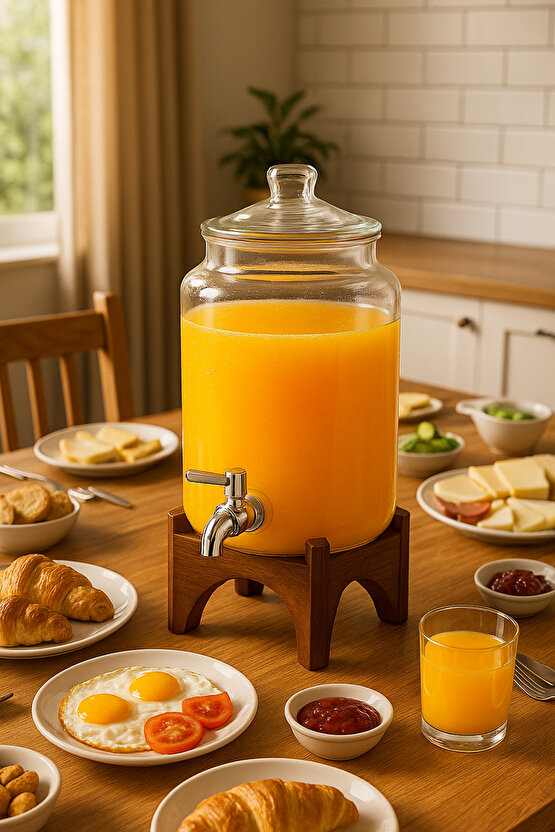 3 Litre Cam Sebil Musluklu İçecek Dispenseri Akasya Standlı Limonata & Soğuk İçecek Sürahi