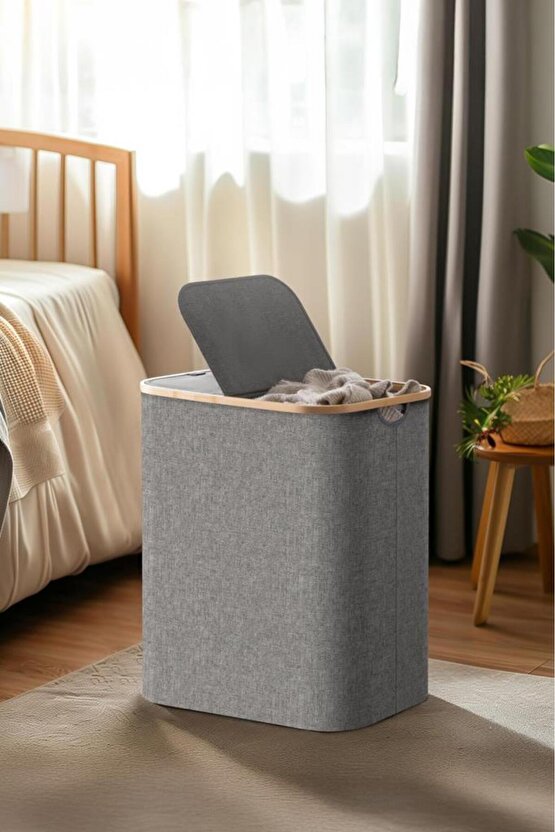 Mien Bambu Kenarlı Kumaş Katlanabilir 100 Lt Çamaşır Sepeti 54x33x58
