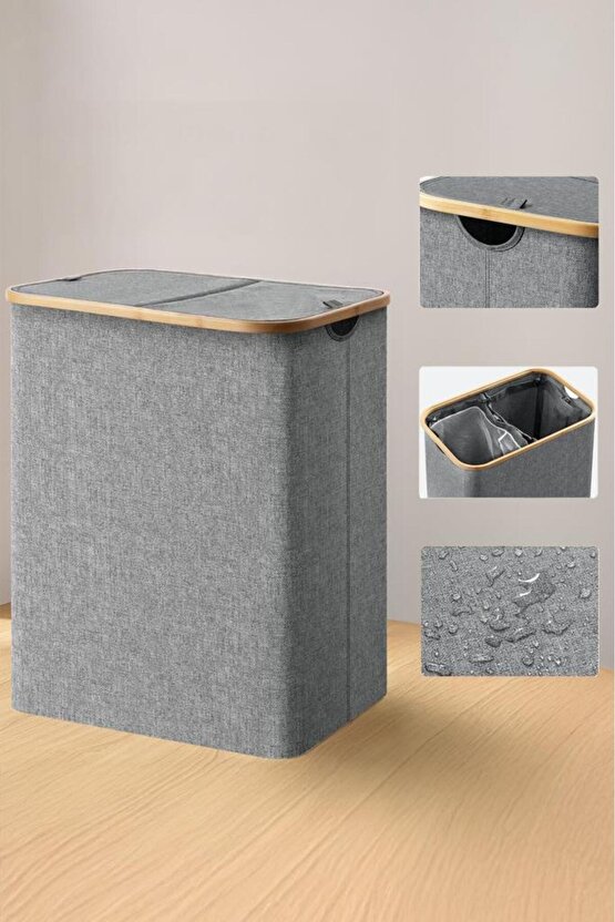 Mien Bambu Kenarlı Kumaş Katlanabilir 100 Lt Çamaşır Sepeti 54x33x58