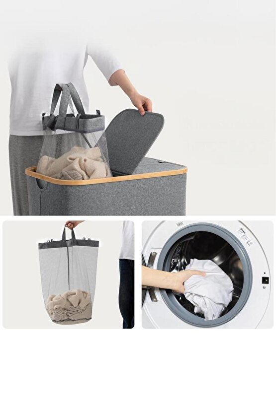 Mien Bambu Kenarlı Kumaş Katlanabilir 100 Lt Çamaşır Sepeti 54x33x58