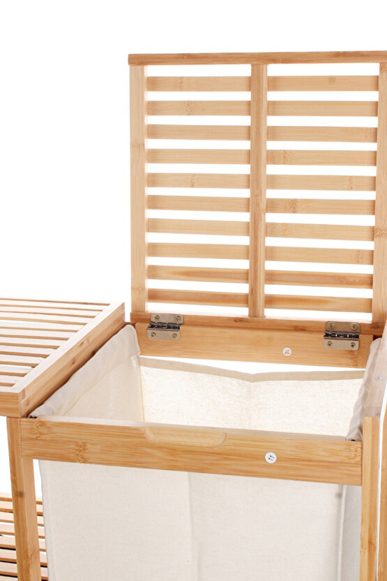 Bambu 3 Raflı Kirli Çamaşır Sepeti | Kapaklı & Kumaş Torbalı Doğal Ahşap Banyo Düzenleyici