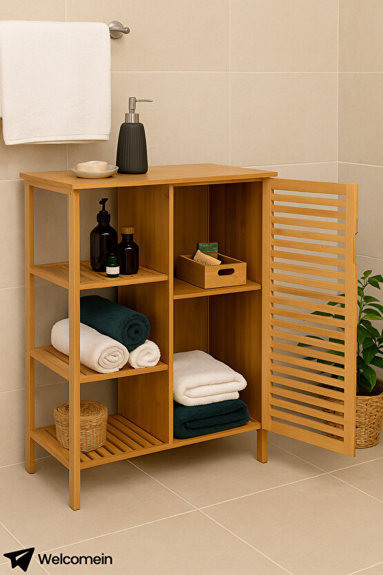 Bambu Banyo Dolabı | Doğal Ahşap Çok Gözlü Çamaşır ve Havlu Düzenleyici Raf