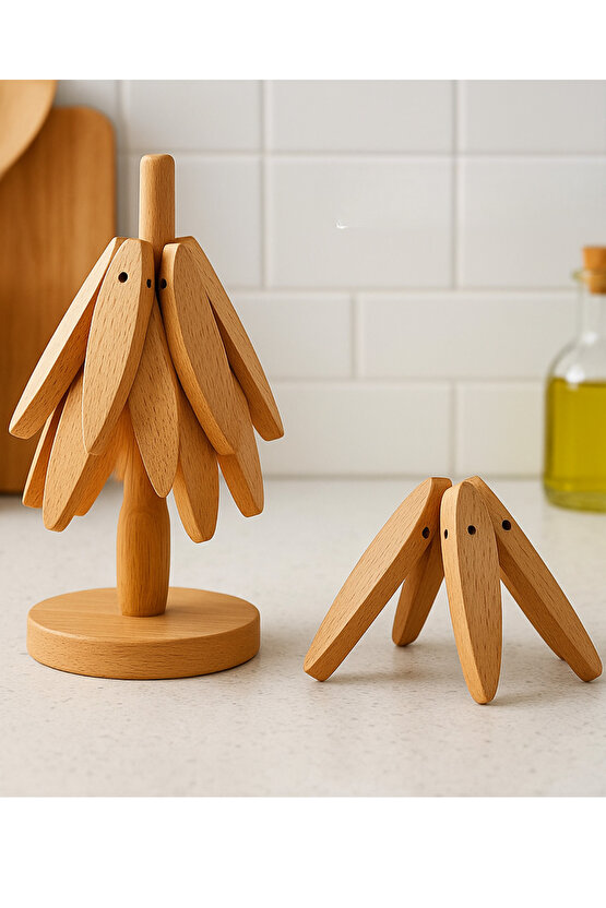 Doğal Ahşap Yaprak Tasarımlı Çok Amaçlı Peçetelik & Bardak Altlığı Seti