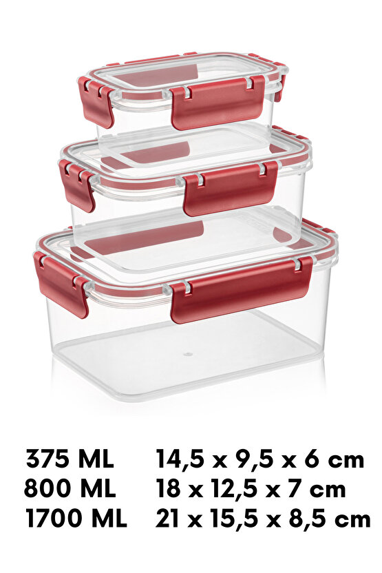 Kırmızı Kapaklı 3lü Dikdörtgen Saklama Kabı Seti Hava Geçirmez, Buzdolabı Uyumlu