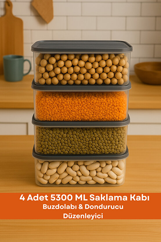 4 Parça Saklama Kabı Mikrodalga Uyumlu Buzdolabı Düzenleyici Saklama Kabı 4x5300 ML Antrasit