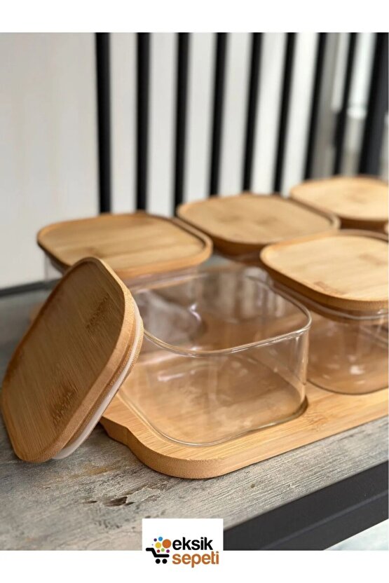 6lı Bambu Kapaklı Cam Kahvaltılık 13 Parça M-0003