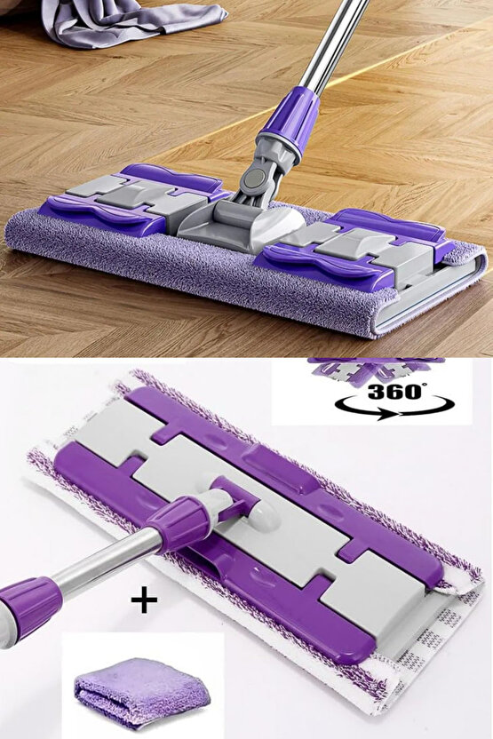 Mandalı Mor Mop Kıskaçlı Cam Silme Mopu Mikrofiber Yedek Bezli Yer Duvar Cam Fayans Silme Mopu