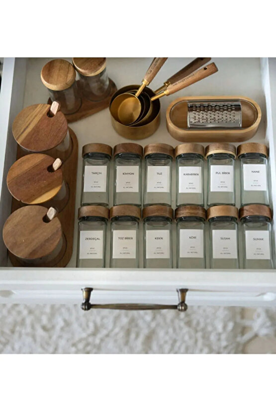 Akasya Kapaklı Kare Formlu 12’li Cam Baharatlık Seti 120 ml  16 Adet Etiket Hediye