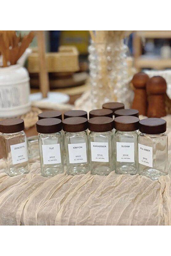 Akasya Kapaklı Kare Formlu 12’li Cam Baharatlık Seti 120 ml  16 Adet Etiket Hediye