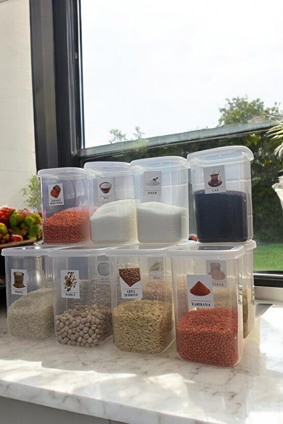 12lı Etiketli Saklama Kabı Gıda Erzak Bakliyat Saklama Kabı Çeyiz Seti - 1,2 Lt Şeffaf