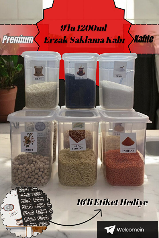 9lu Etiketli Saklama Kabı Gıda Erzak Bakliyat Saklama Kabı Çeyiz Seti - 1,2 Lt Şeffaf