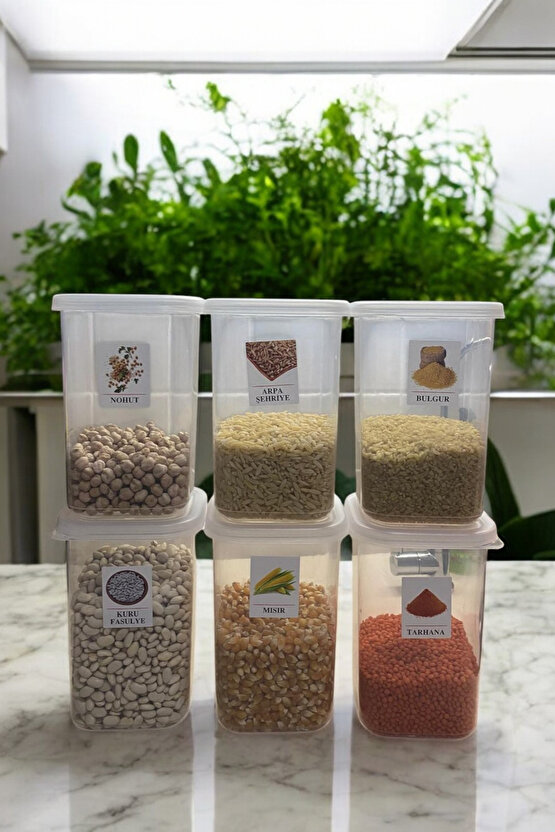 6lı Etiketli Saklama Kabı Gıda Erzak Bakliyat Saklama Kabı Çeyiz Seti - 1,2 Lt Şeffaf
