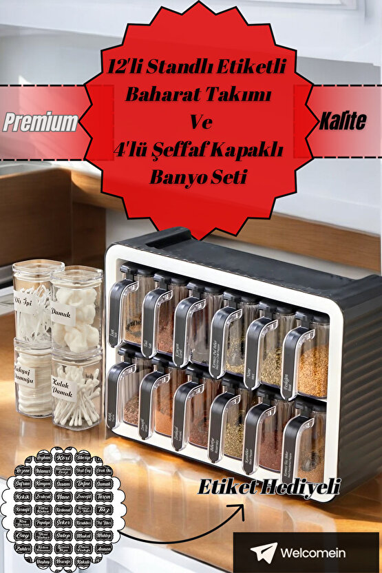 12li Standlı Kendinden Yapışkanlı Kapaklı Kaşıklı Baharatlık Takımı Ve 4lü Şeffaf Kapaklı Banyo Seti