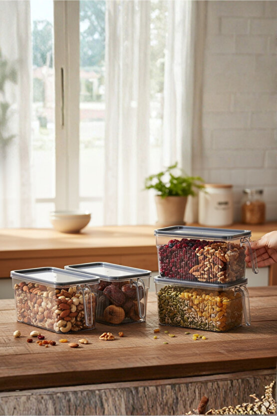 4lü Kulplu Şeffaf Buzdolabı Organizeri Gıda Saklama Düzenleyici Seti 3.60 L