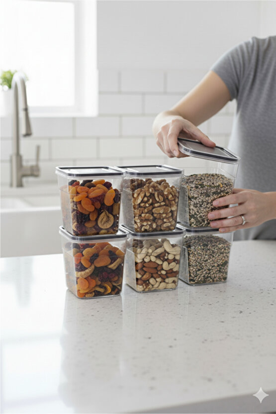 6lı Şeffaf Sızdırmaz Vakumlu Erzak Saklama Kabı Bakliyat Saklama Kutusu 1,6 L