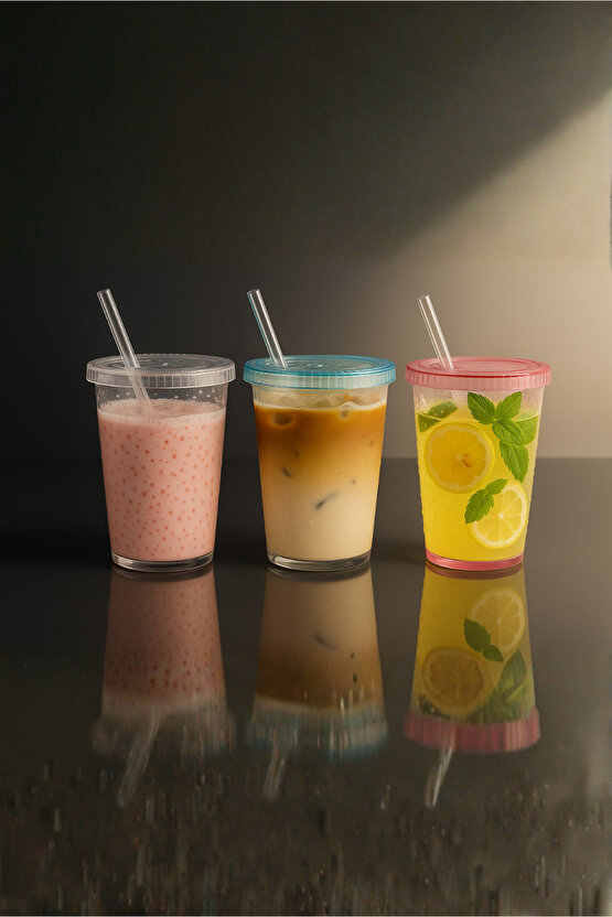 Şeffaf Cam Pipetli Plastik Bardak 500 ml – Su Damlacıklı Desen - Kapaklı Soğuk İçecek Bardağı