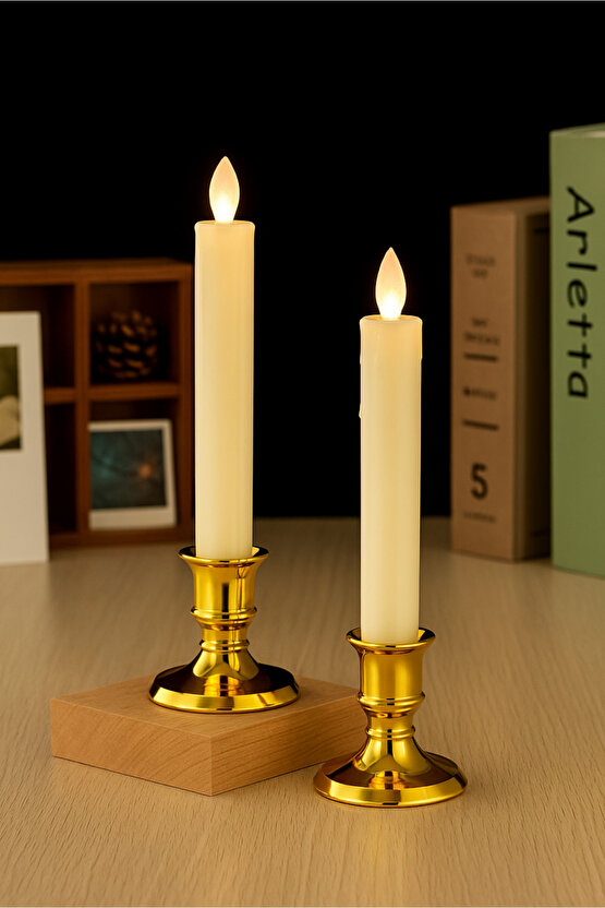 2 Adet Altın Şamdanlı LED Mum - Gerçek Alev Efektli - Dekoratif Işıklı Mumlar - Gold Şamdan