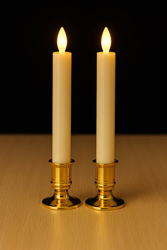 2 Adet Altın Şamdanlı LED Mum - Gerçek Alev Efektli - Dekoratif Işıklı Mumlar - Gold Şamdan