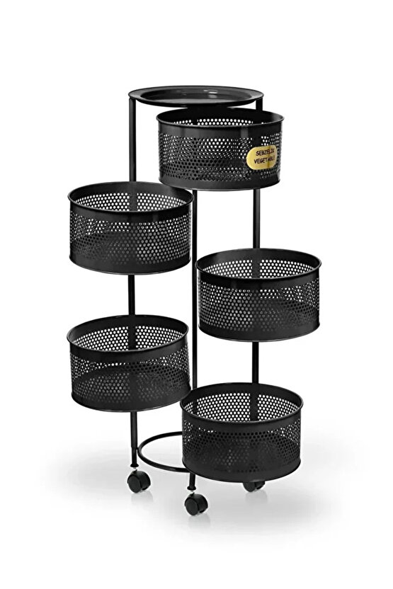 Kule Sebzelik 5 Katlı Tepsili Açılır Metal Patates Soğan Meyvelik Sepetli Rafı Siyah