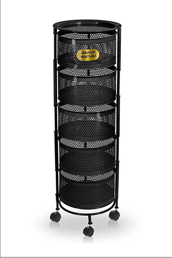 Kule Sebzelik 5 Katlı Tepsili Açılır Metal Patates Soğan Meyvelik Sepetli Rafı Siyah