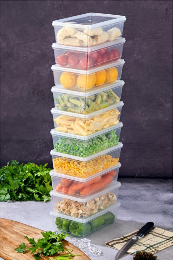 10’lu Kapaklı Saklama Kabı Seti – Düzenleyici - 2 Litre, Buzdolabı ve Derin Dondurucu Uyumlu