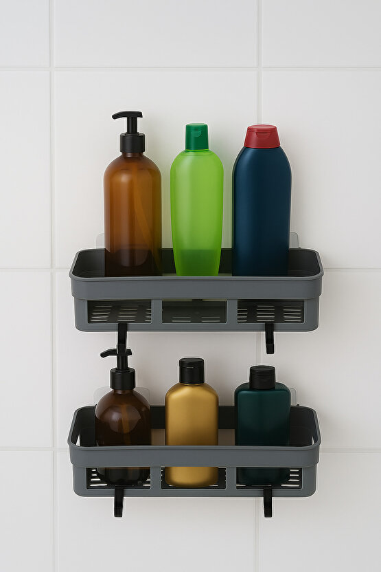 2li Gri Yapışkanlı Banyo ve Mutfak Düzenleyici Raf 25x10cm