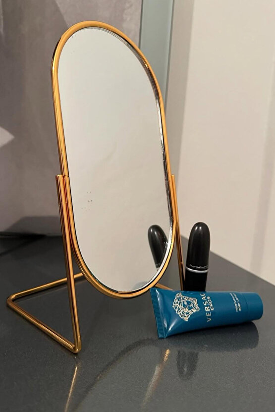 Gold Metal Masa Üstü Makyaj Aynası – Oval Dekoratif Tasarım, Şık Masaüstü Ayna