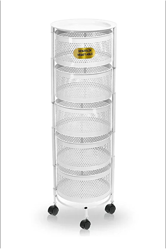 Kule Sebzelik 5 Katlı Tepsili Açılır Metal Patates Soğan Meyvelik Sepetli Rafı Beyaz