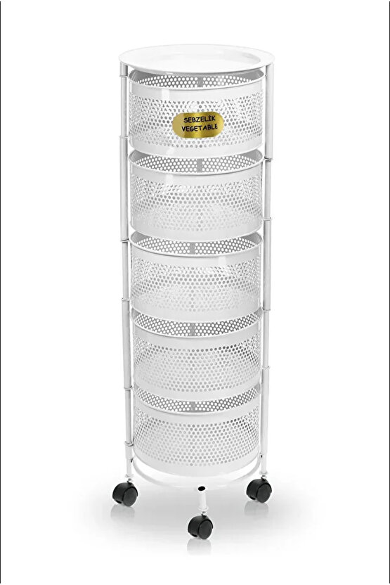 Kule Sebzelik 5 Katlı Tepsili Açılır Metal Patates Soğan Meyvelik Sepetli Rafı Beyaz