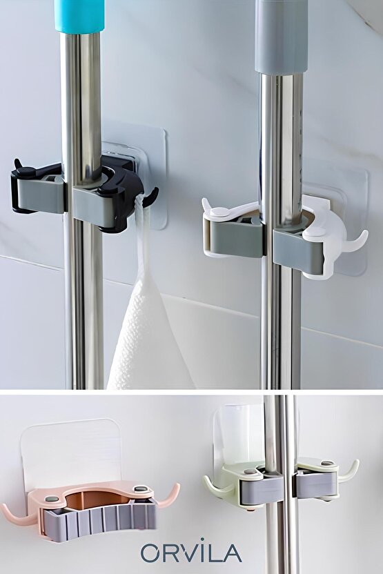 2 Adet Kendinden Yapışkanlı Banyo Mop Askısı Organizeri Fırça Sapı Düzenleyici