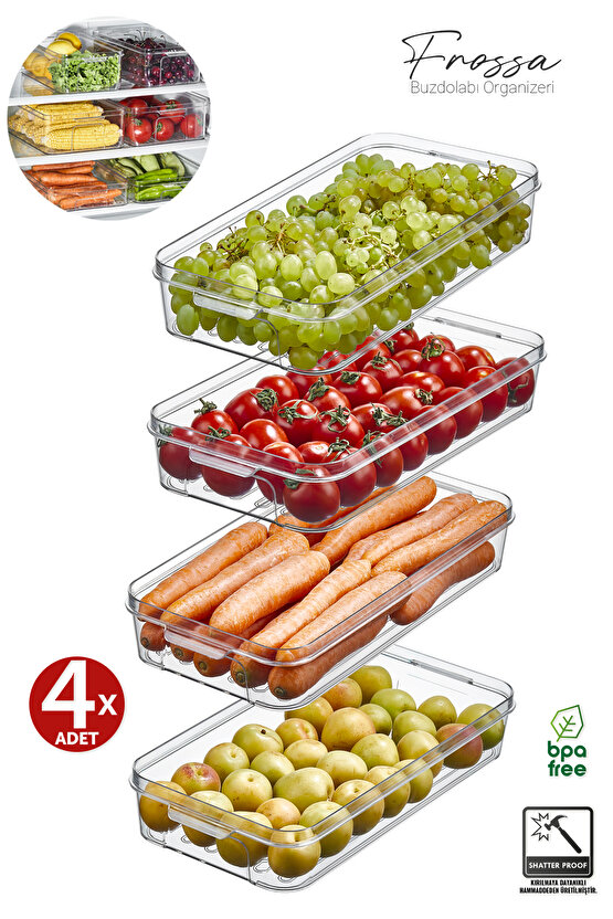 4x Adet Frossa Buzdolabı Organizeri 2lt Saklama Kabı & Erzak Kabı & Düzenleyici