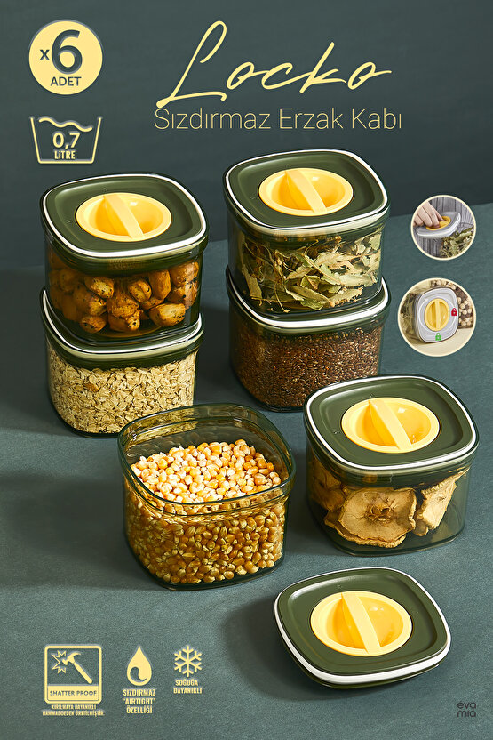 6x Adet Yeşil Locko Sızdırmaz Saklama Kabı 0,7LT & Erzak Kabı & Bakliyat Kabı