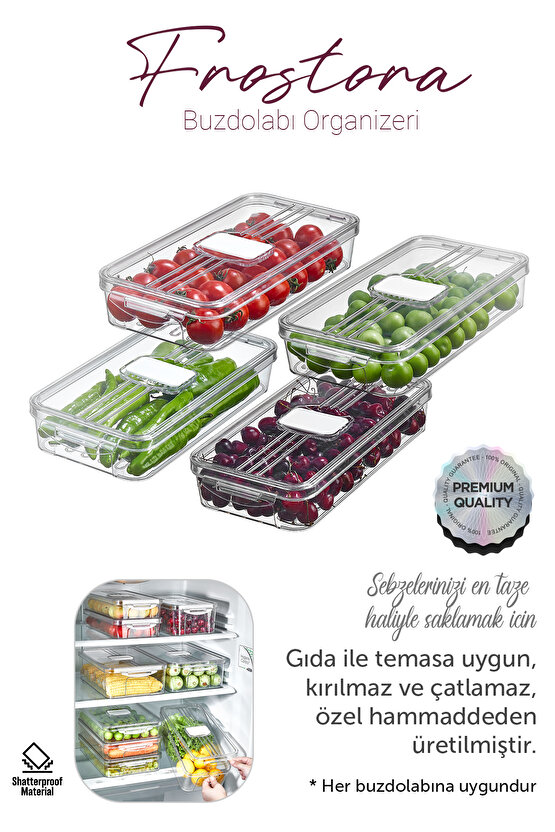 4x Adet Şeffaf 2 LT  Frostora Kapaklı Buzdolabı Organizeri & Saklama Kabı & Düzenleyici & Erzak Kabı