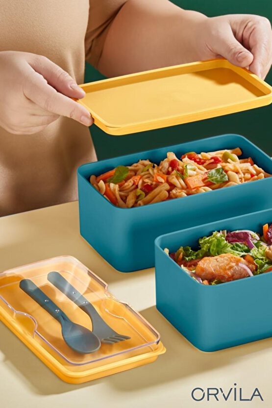 Mega Boy 2 Katlı Yemek Saklama Kabı 2 Litre - Kendinden Çatal Kaşık Servisli Lunch Box Set